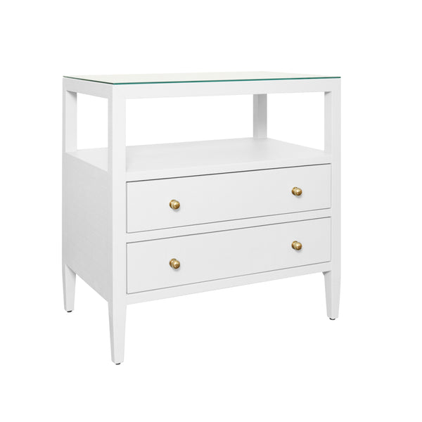 TWO DRAWER SIDE TABLE WITH OPEN TOP SHELF IN TEXTURED WHITE LINEN WITH POLISHED BRASS KNOBS