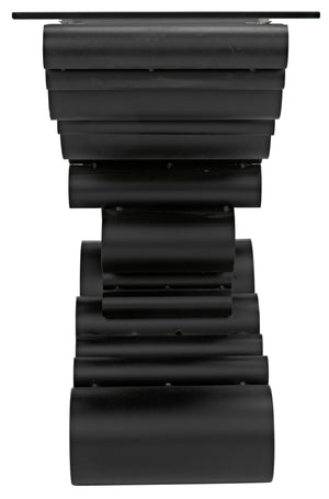 Paradox Console Table in Matte Black Industrial Steel with Glass Top
