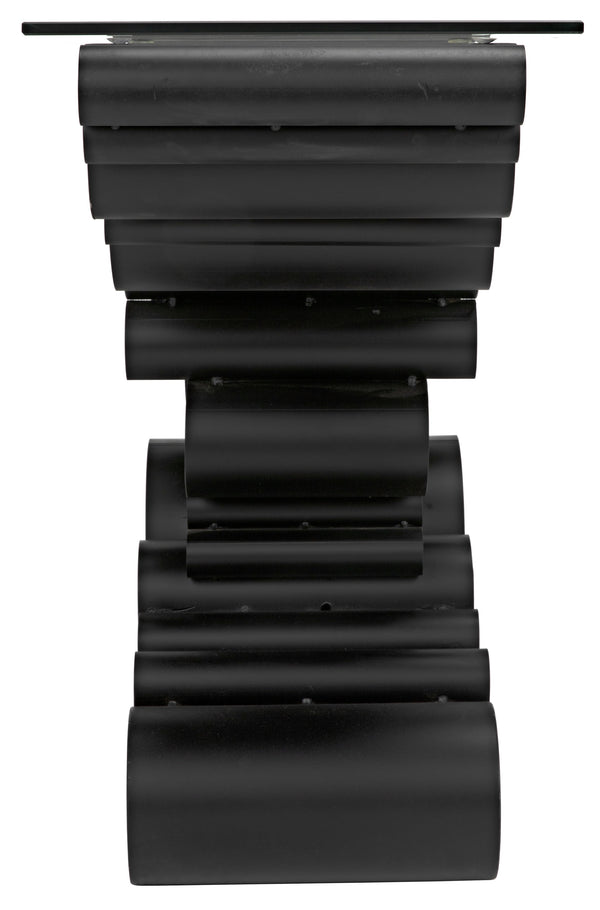 Paradox Console Table in Matte Black Industrial Steel with Glass Top