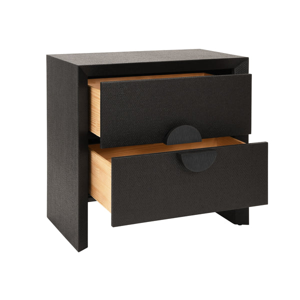 TWO DRAWER SIDE TABLE IN BLACK PAINTED GRASSCLOTH WITH BLACK OAK HANDLES