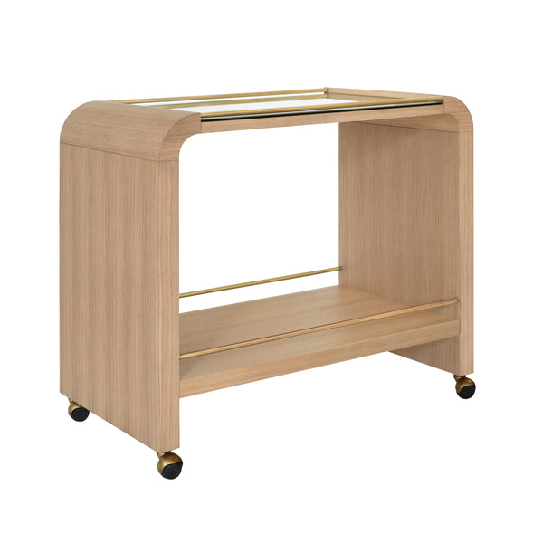 WATERFALL EDGE BAR CART WITH ANTIQUE BRASS RAILS IN NATURAL OAK
