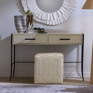Woven Leather Ottoman, White 