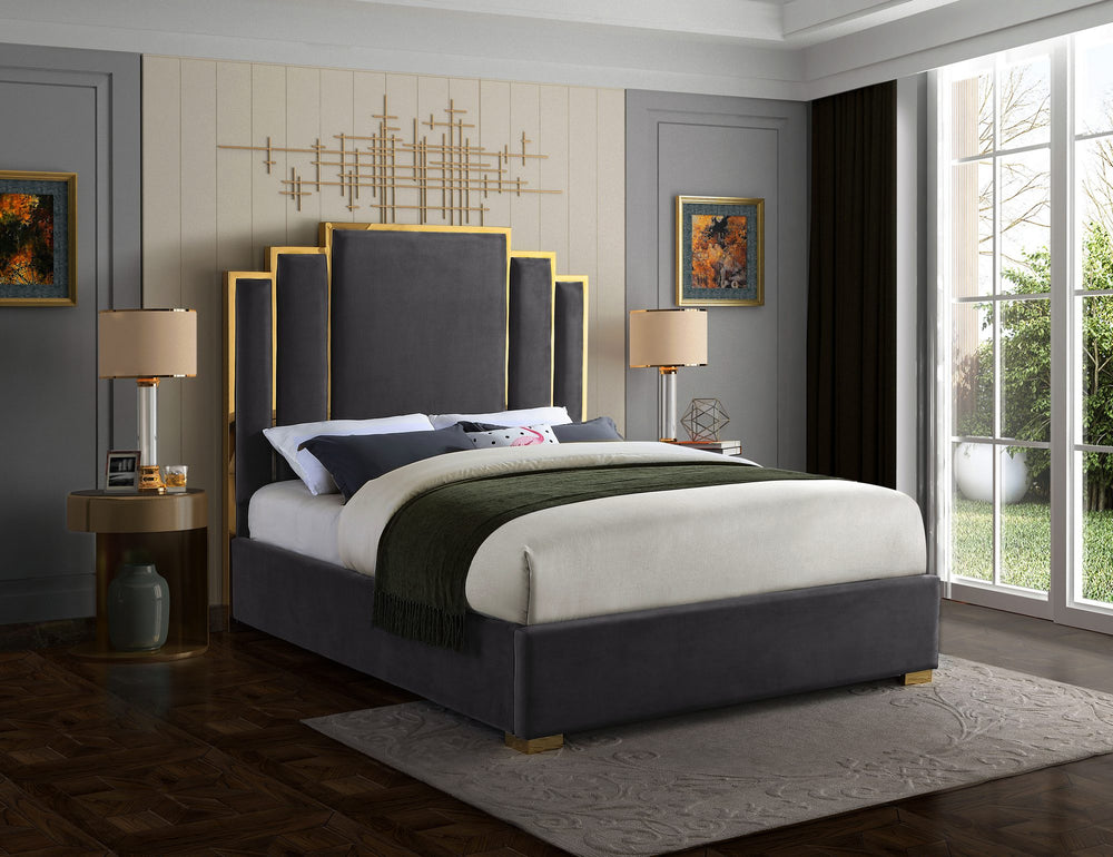 Geoffrey King Bed In Grey Velvet