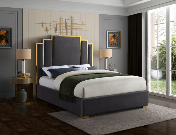 Geoffrey King Bed In Grey Velvet