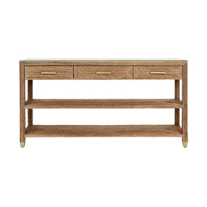 THREE DRAWER CONSOLE WITH SATIN BRASS HARDWARE AND FOOT CAPS IN WRAPPED ROPE