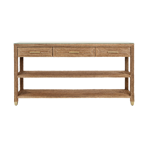 THREE DRAWER CONSOLE WITH SATIN BRASS HARDWARE AND FOOT CAPS IN WRAPPED ROPE