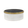 WHITE MARBLE CONTAINER WITH BLACK MARBLE TOP WITH BRASS RIM