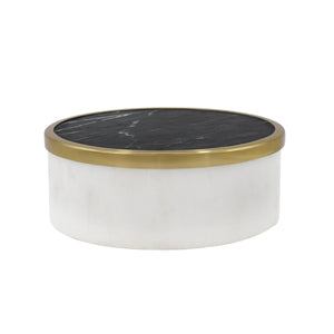 WHITE MARBLE CONTAINER WITH BLACK MARBLE TOP WITH BRASS RIM