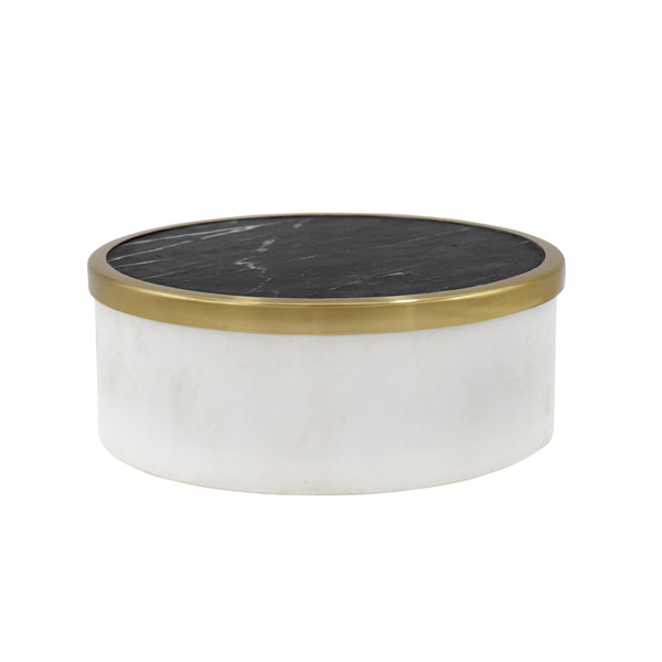 WHITE MARBLE CONTAINER WITH BLACK MARBLE TOP WITH BRASS RIM