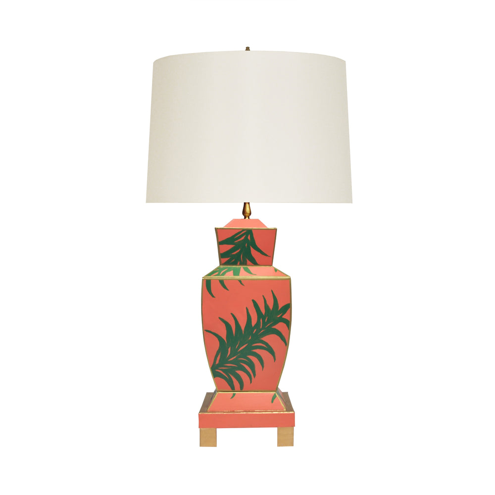 HAND PAINTED URN SHAPE TOLE TABLE LAMP IN PALM