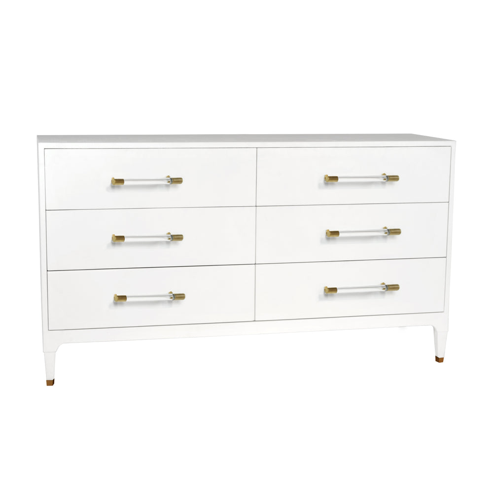 SIX DRAWER CHEST IN TEXTURED WHITE LINEN WITH ANTIQUE BRASS AND ACRYLIC HARDWARE