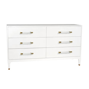 SIX DRAWER CHEST IN TEXTURED WHITE LINEN WITH ANTIQUE BRASS AND ACRYLIC HARDWARE