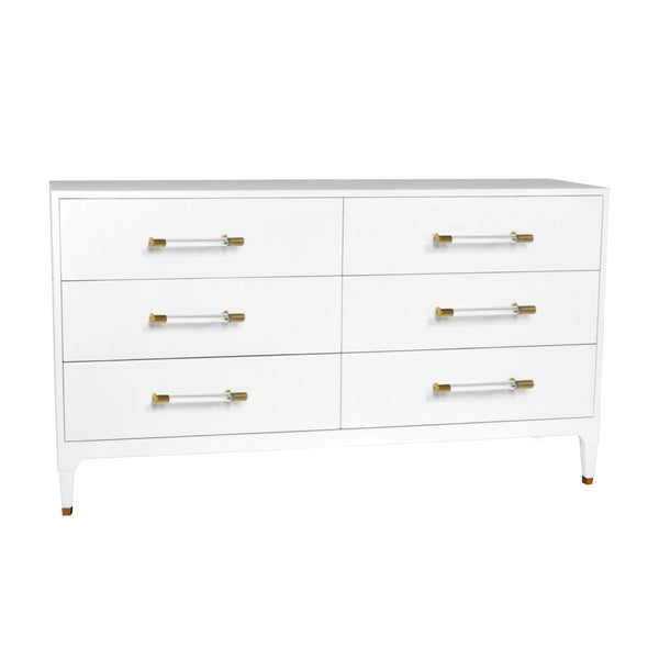 SIX DRAWER CHEST IN TEXTURED WHITE LINEN WITH ANTIQUE BRASS AND ACRYLIC HARDWARE