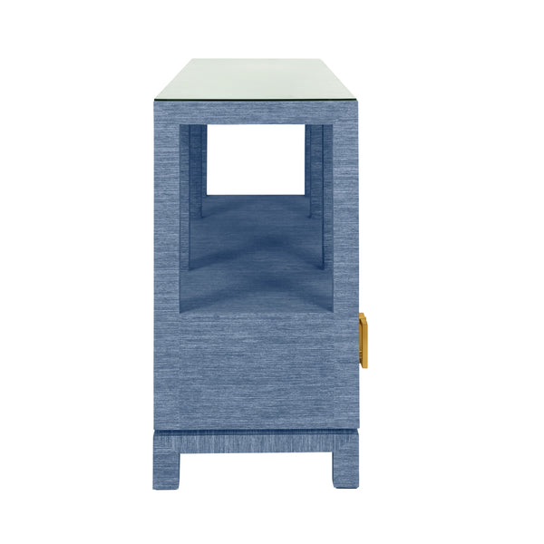OPEN SHELF CONSOLE WITH THREE BOTTOM DRAWERS AND SQUARE SATIN BRASS HARDWARE IN DYED BLUE GRASSCLOTH