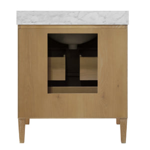 BATH VANITY WITH VERTICAL FLUTED DETAIL ON DRAWERS IN CERUSED OAK WITH WHITE MARBLE TOP, PORCELAIN SINK, AND POLISHED BRASS KNOBS