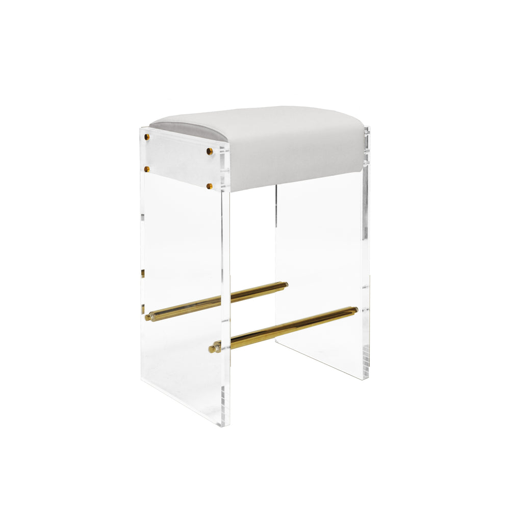 ACRYLIC PANEL COUNT. STOOL W. WH VINYL CUSH.& BRASS HRDWR