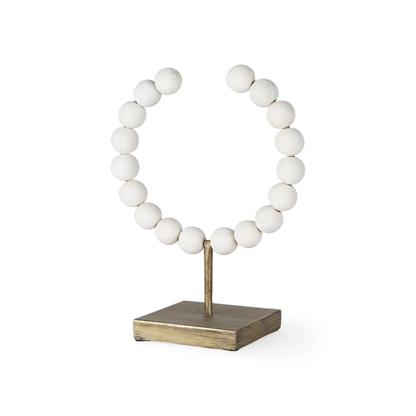 Pontchartrain I (Small) 9L x 5W White Beaded Broken Sphere Decorative Object W/ Gold Base