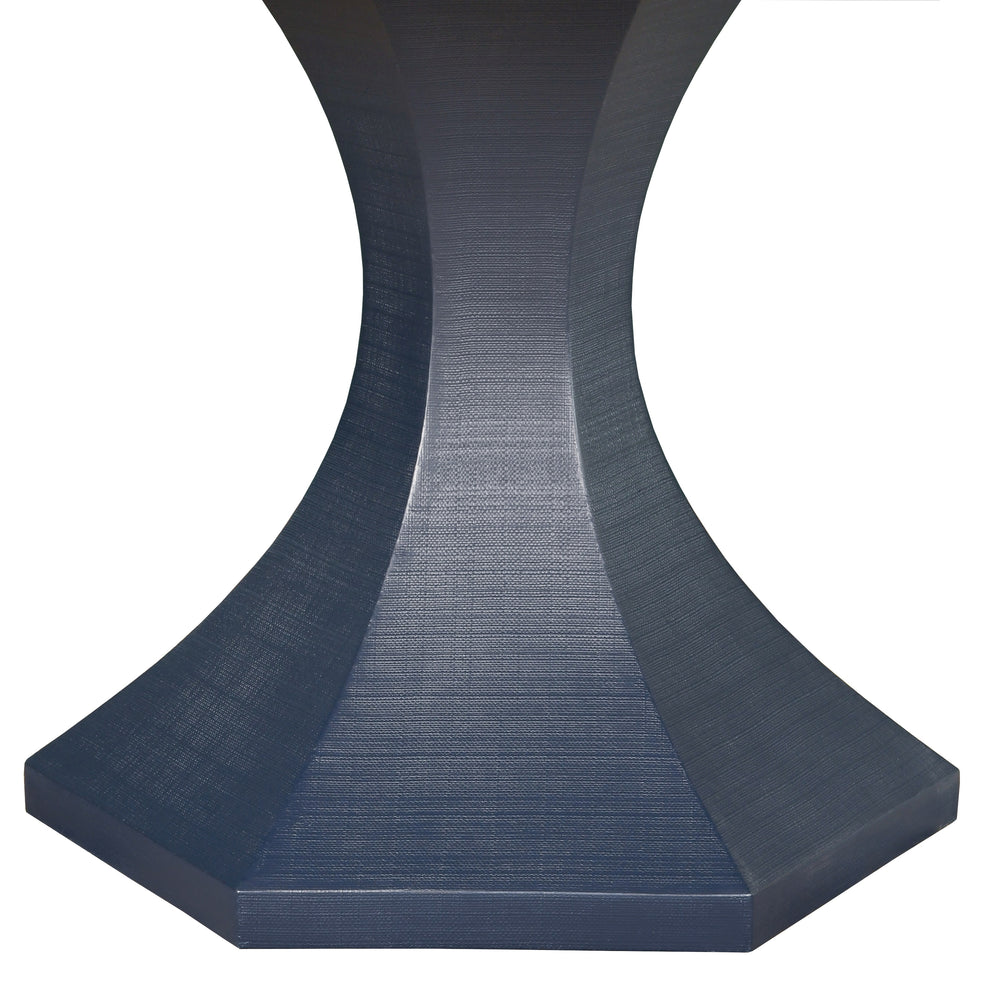 ROUND DINING TABLE WITH HEXAGONAL TAPERED BASE IN NAVY TEXTURED LINEN