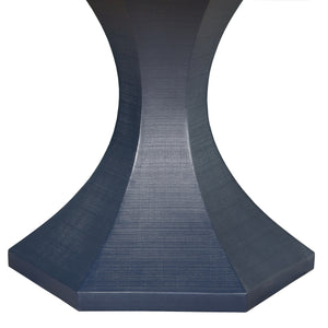 ROUND DINING TABLE WITH HEXAGONAL TAPERED BASE IN NAVY TEXTURED LINEN