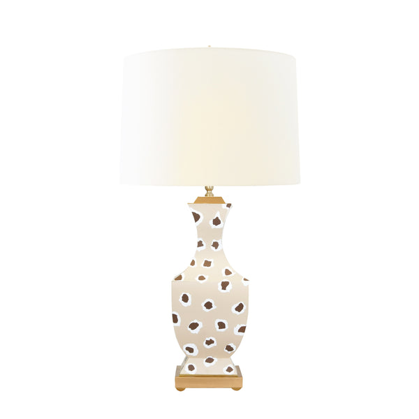 HANDPAINTED TOLE TABLE LAMP IN BROWN LEOPARD PATTERN