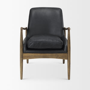 Westan Black Genuine Leather W/Medium Brown Wood Accent Chair