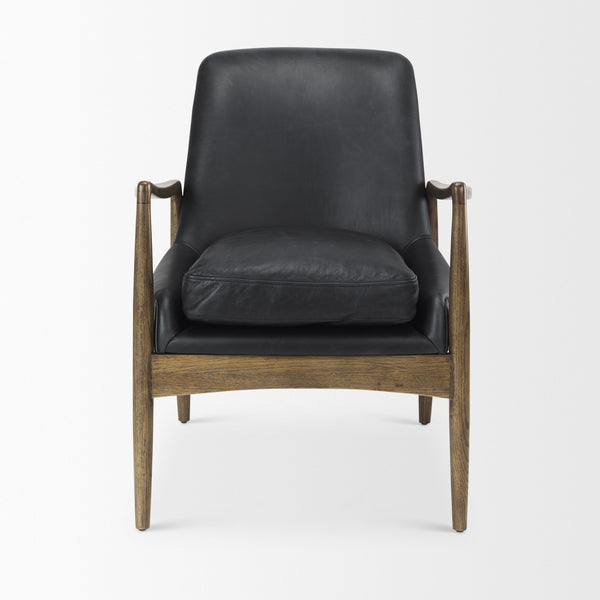 Westan Black Genuine Leather W/Medium Brown Wood Accent Chair