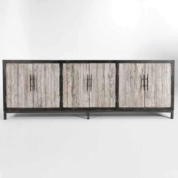 Lisbon Solid Wood 6Dr Cabinet - Weathered Black/Travertine