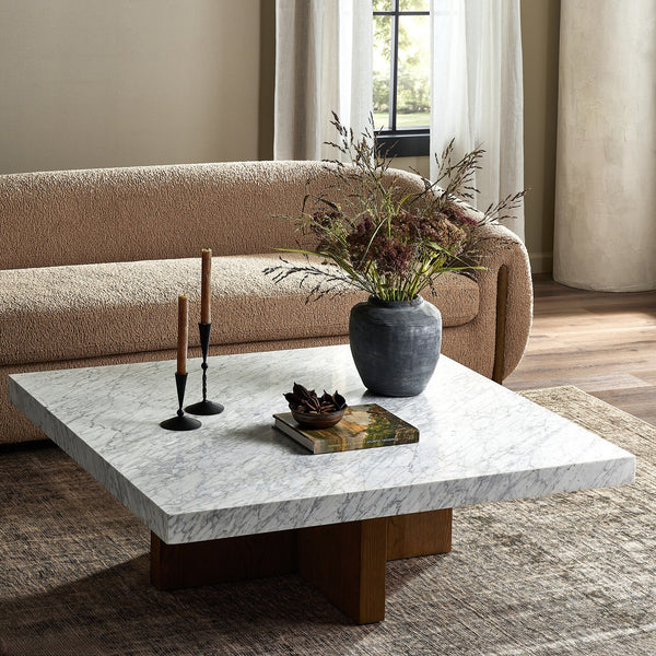 Bellamy Square Coffee Table In White Carrera Marble
