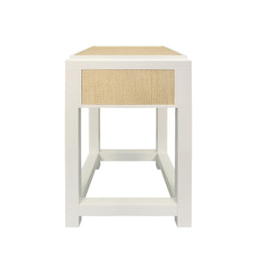 ONE DRAWER SIDE TABLE WITH MATTE WHITE LACQUER FRAME AND NATURAL GRASSCLOTH DRAWER FRONTS