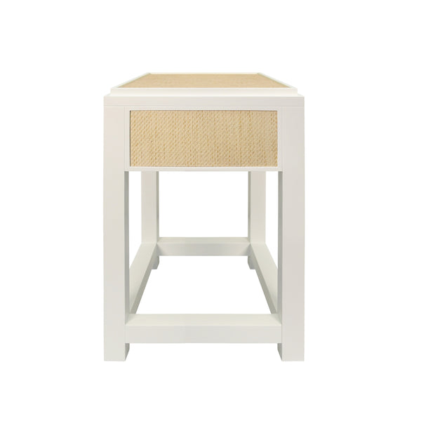 ONE DRAWER SIDE TABLE WITH MATTE WHITE LACQUER FRAME AND NATURAL GRASSCLOTH DRAWER FRONTS