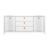 CURVED FRONT TWO DOOR THREE DRAWER BUFFET IN TEXTURED WHITE LINEN WITH SATIN BRASS RING HARDWARE