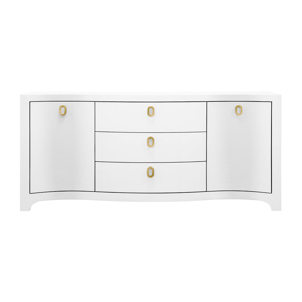 CURVED FRONT TWO DOOR THREE DRAWER BUFFET IN TEXTURED WHITE LINEN WITH SATIN BRASS RING HARDWARE
