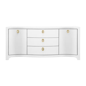 CURVED FRONT TWO DOOR THREE DRAWER BUFFET IN TEXTURED WHITE LINEN WITH SATIN BRASS RING HARDWARE