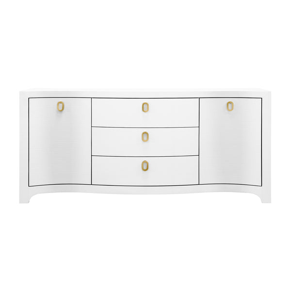 CURVED FRONT TWO DOOR THREE DRAWER BUFFET IN TEXTURED WHITE LINEN WITH SATIN BRASS RING HARDWARE