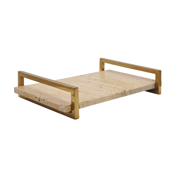 TRAVERTINE MARBLE TRAY WITH BRASS HANDLES