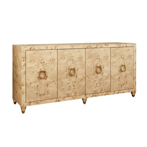 FOUR DOOR BUFFET WITH SATIN BRASS HORSEBIT INSPIRED HARDWARE AND FOOT CAPS IN BURL WOOD