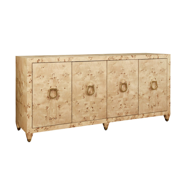 FOUR DOOR BUFFET WITH SATIN BRASS HORSEBIT INSPIRED HARDWARE AND FOOT CAPS IN BURL WOOD