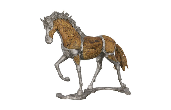 Mustang Horse Woodland Sculpture On Base, Walking