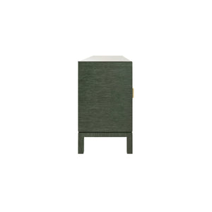 FOUR DOOR BUFFET WITH LARGE BRASS SQUARE HARDWARE IN GREEN DYED GRASSCLOTH