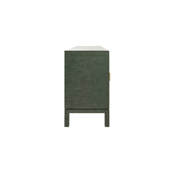 FOUR DOOR BUFFET WITH LARGE BRASS SQUARE HARDWARE IN GREEN DYED GRASSCLOTH