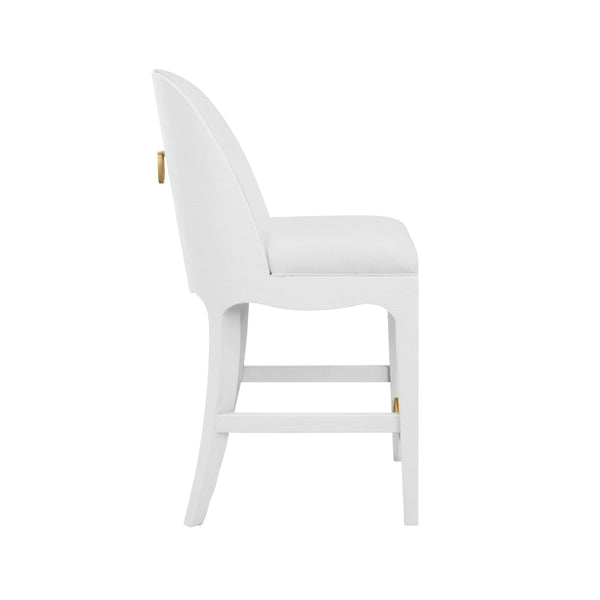CURVED COUNTER STOOL WITH SATIN BRASS RING HARDWARE ON BACK IN PERFORMANCE WHITE LINEN UPHOLSTERY AND TEXTURED WHITE LINEN FRAME