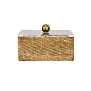 SMALL WOVEN RATTAN CONTAINER WITH ACRYLIC LID AND BRASS BALL HANDLE