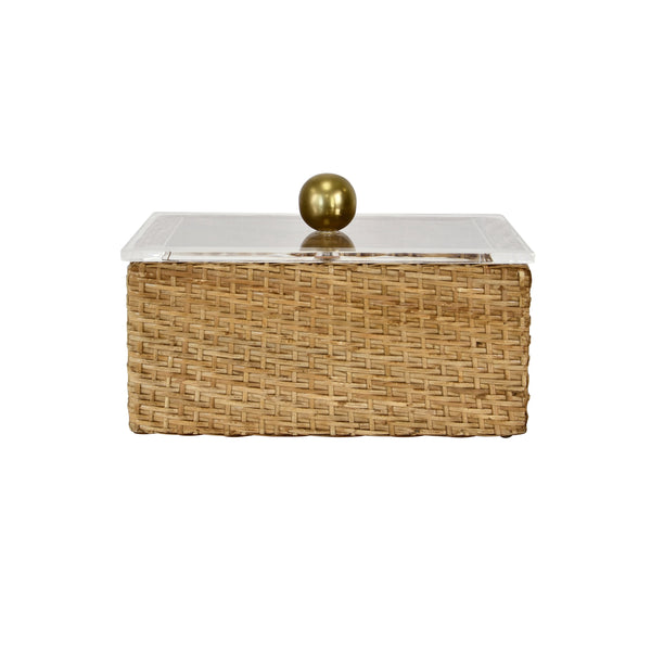 SMALL WOVEN RATTAN CONTAINER WITH ACRYLIC LID AND BRASS BALL HANDLE