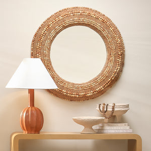 Strand Wood Beaded Round Wall Mirror, Natural