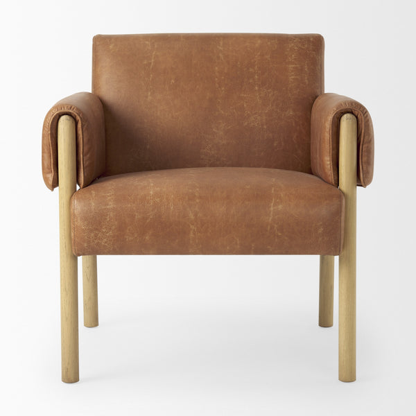 Ashton Brown Faux Leather Fabric w/ Light Wood  Accent Chair