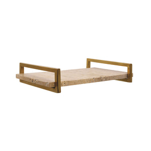 TRAVERTINE MARBLE TRAY WITH BRASS HANDLES
