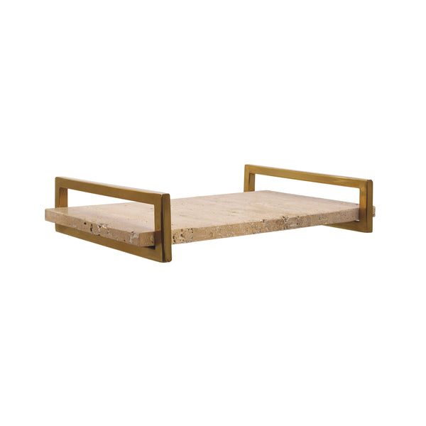 TRAVERTINE MARBLE TRAY WITH BRASS HANDLES