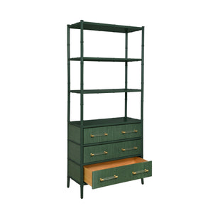 THREE DRAWER ETAGERE WITH BAMBOO DETAIL IN GREEN DYED GRASSCLOTH AND DARK GREEN MATTE LACQUER