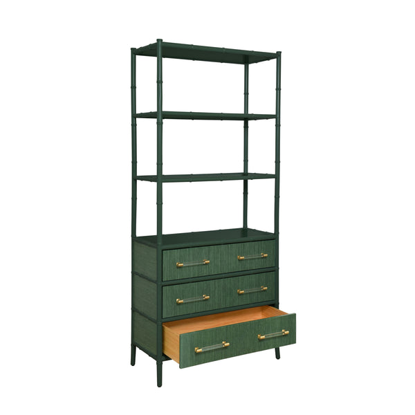 THREE DRAWER ETAGERE WITH BAMBOO DETAIL IN GREEN DYED GRASSCLOTH AND DARK GREEN MATTE LACQUER