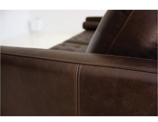 Baldwin sofa in vintage chocolate with wood legs and teak oak stain